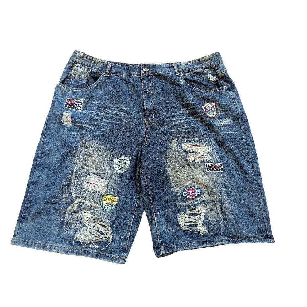 Chams Men's Blue Dark-Wash Mid-Rise Distressed Denim Shorts Size 50